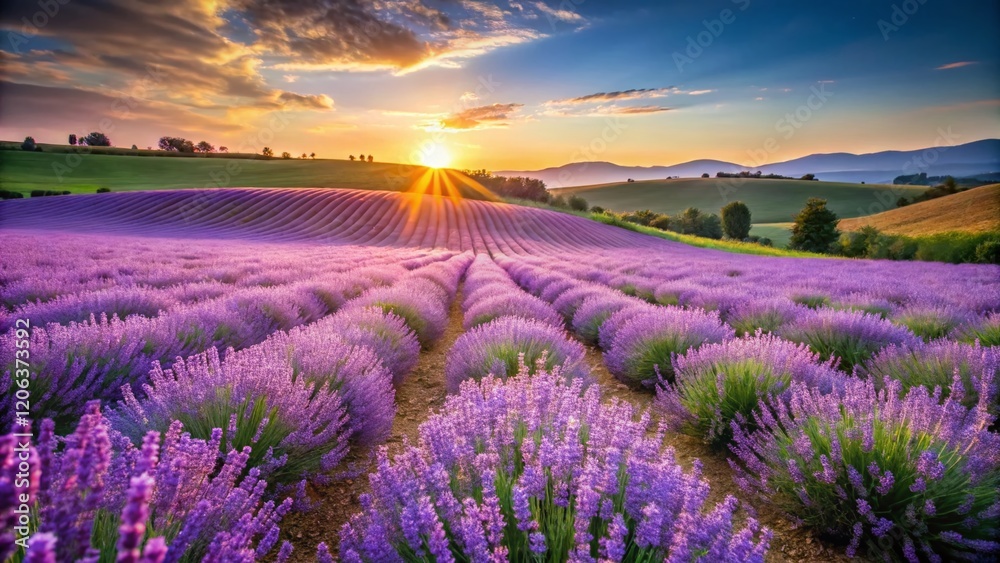 Obraz premium Young Lavender Field in Morning Sun, Siena, Tuscany, Italy - Stock Photo