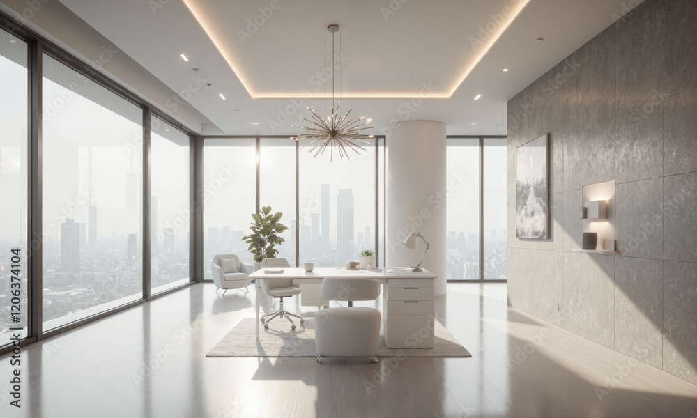 Minimalist design office with a white desk, metal chair, and sculptural light fixtures. Task lighting focuses on the desk, while recessed lighting adds
