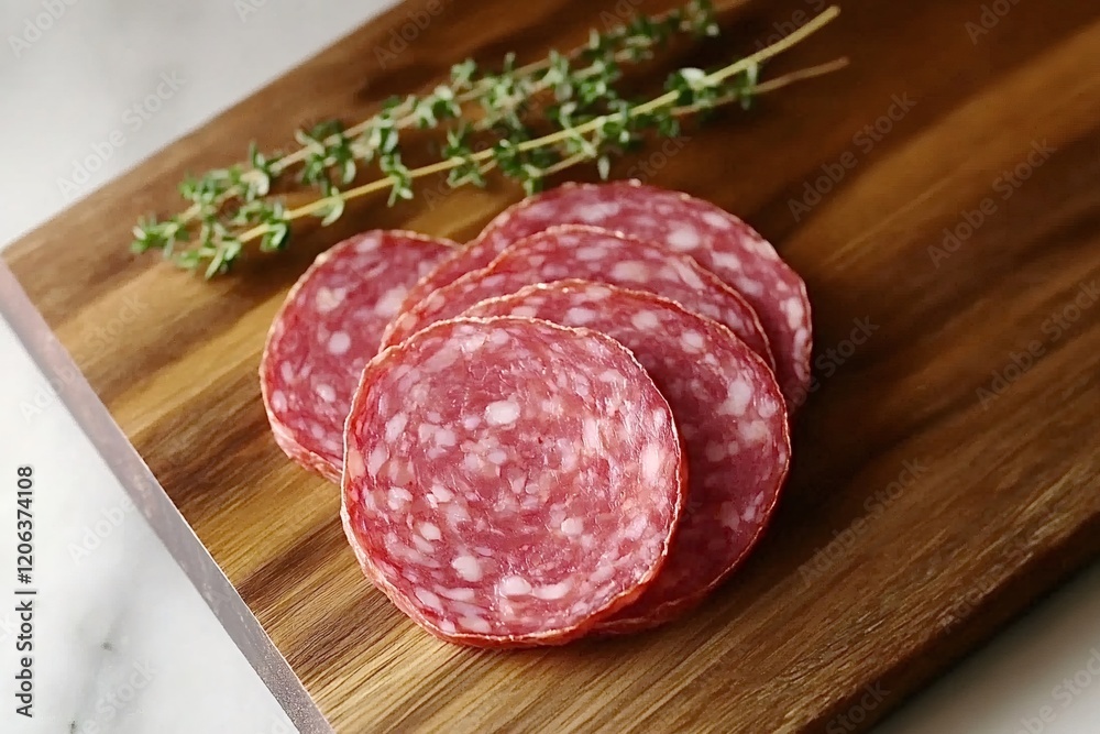 Thinly sliced salami arranged on a rustic wooden cutting board, garnished with a fresh sprig of thyme, creates an inviting and appetizing culinary display perfect for any gathering Thinly sliced salami arranged on a rustic wooden cutting board, garnished with a fresh sprig of thyme, creates an inviting and appetizing culinary display perfect for any gathering