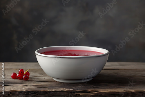 food photography, lingonberry soup in a white bowl on a dark grey minimalist backdrop creates a realistic vibe photo