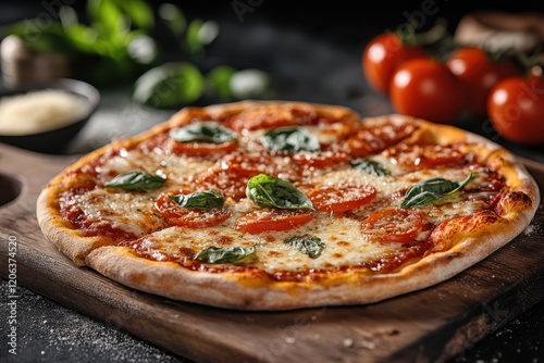 This stunning pizza showcases an artful presentation with fresh tomatoes and basil on top, emphasizing its vibrant colors and inviting textures that appeal to the senses. photo