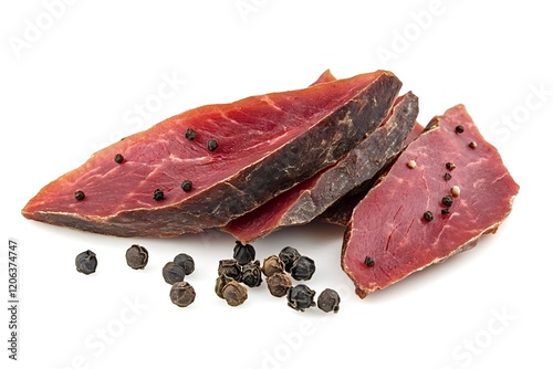 Thinly sliced, seasoned beef jerky with black peppercorns, creating a savory, protein-rich snack against a clean white background that highlights its texture and flavor photo