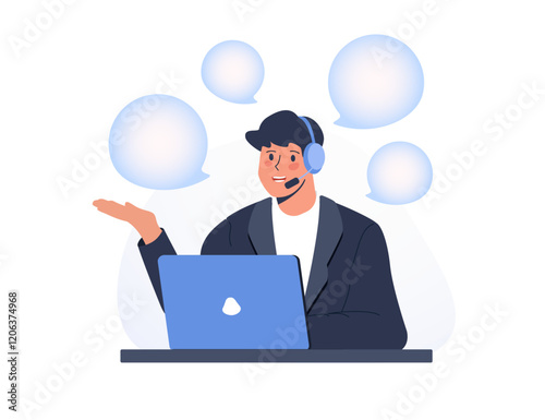 Online global technical support 24 7. Smiling office operators with headsets character. Customer service, call center, hotline, customer support department staff. Flat vector people character