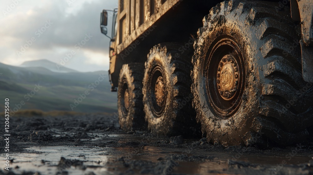Mud Covered Truck Wheels In Mountainous Terrain Mud Covered Truck Wheels In Mountainous Terrain