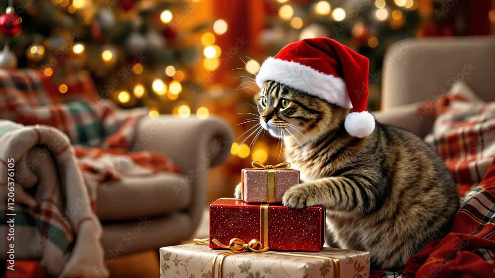 Playful tabby cat in santa hat with christmas gifts in cozy festive living room, christmas cat concept