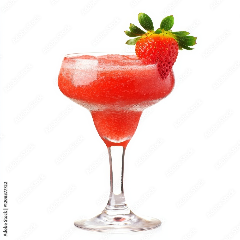 A fruity Strawberry Daiquiri with strawberry garnish, presented against an isolated white background, pop art style A fruity Strawberry Daiquiri with strawberry garnish, presented against an isolated white background, pop art style