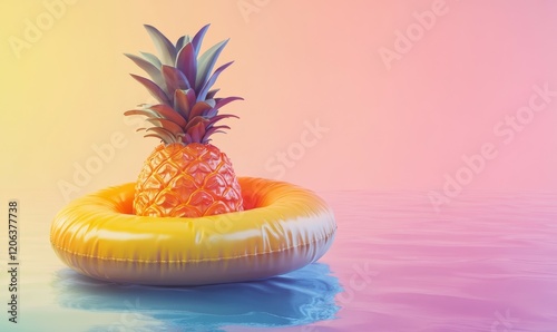 Floaty pineapple pool ring on gradient background with leading lines