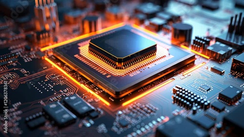 Futuristic AI robot hologram emerging from a motherboard's microprocessor, Ai Generated