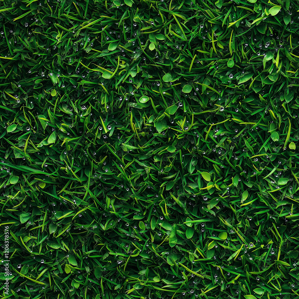 Fototapeta premium Fresh green grass with dew drops and vibrant textures in a seamless pattern
