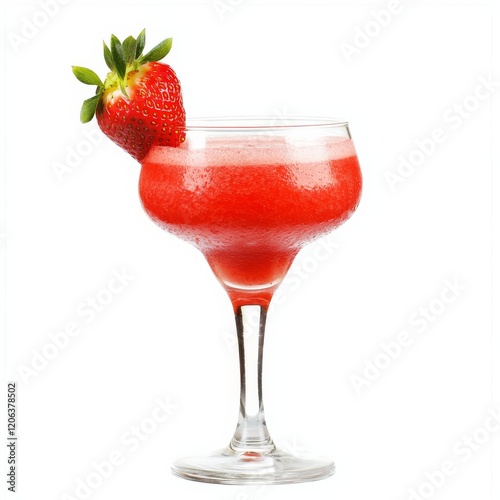 A fruity strawberry daiquiri with strawberry garnish, presented against an isolated white background, chiaroscuro art style photo