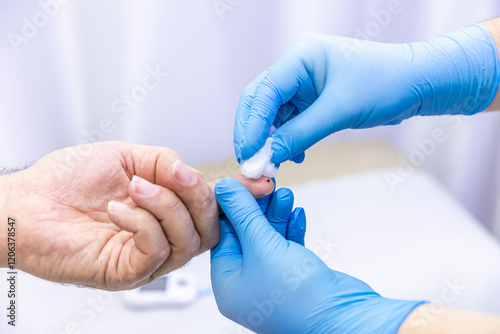 Close-up of medical worker taking patient's blood sample with finger prick kit. Medical concept. Diabetes concept. Sugar in the blood. Health concept. Glucose meter in hand.