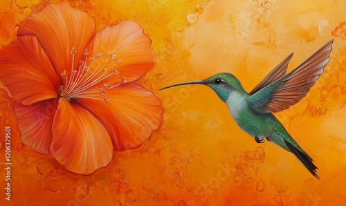 Extreme close-up of tiny green hummingbird flying in front of orange exotic flower