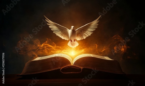 Flying dove above an opened book The Holy spirit appears over the Bible Symmetrical