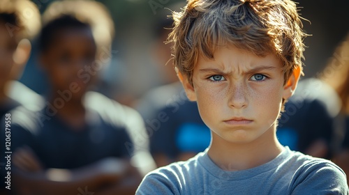 Intense Focus of a Young Boy Standing Among Peers Dressed in Gray Shirts During a Summer Camp Activity in a Natural Setting photo