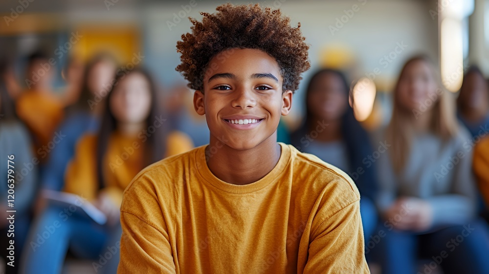 Smiling Boy With Curly Hair Sitting in a Classroom Filled With Students During a Lively Learning Session in the Afternoon Smiling Boy With Curly Hair Sitting in a Classroom Filled With Students During a Lively Learning Session in the Afternoon