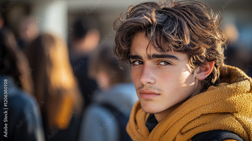 Young Man With Curly Hair Wearing a Yellow Hoodie Stands Among a Crowd of People Outdoors During the Daytime in a Vibrant and Lively Urban Setting Young Man With Curly Hair Wearing a Yellow Hoodie Stands Among a Crowd of People Outdoors During the Daytime in a Vibrant and Lively Urban Setting