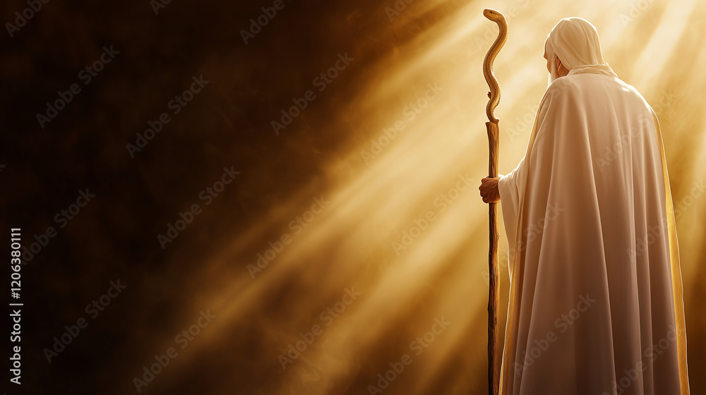 Holy Man with Serpent Staff in White Cloak Under Soft Light Holy Man with Serpent Staff in White Cloak Under Soft Light