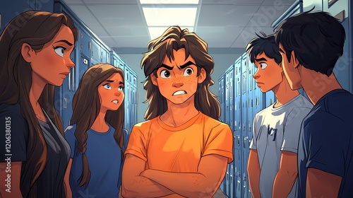 Group of Teenagers in a School Hallway Confront Each Other During a Tense Moment While Standing Near Lockers