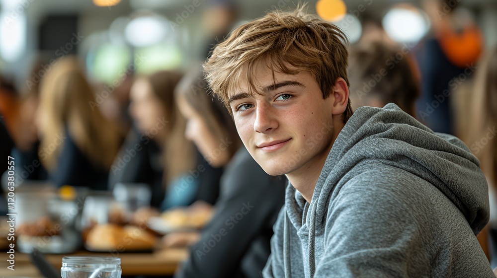 Fototapeta premium Young Man Smiling While Seated in a Bustling Cafe During Lunchtime Surrounded by Peers Enjoying Their Meals and Conversations