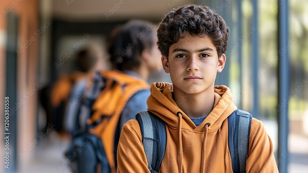 Fototapeta premium Young Student Poses Confidently in School Hallway During Morning Hours While Classmates Are in the Background