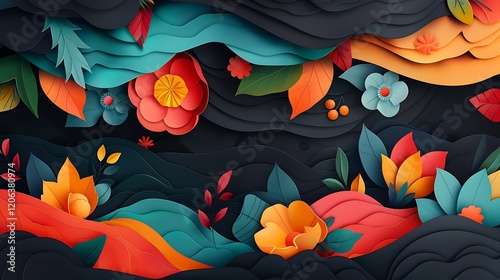 Autumn floral landscape, paper art style, vibrant colors, nature background, design element