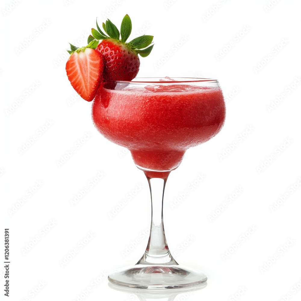 A fruity Strawberry Daiquiri with strawberry garnish, presented against an isolated white background, surrealism art style A fruity Strawberry Daiquiri with strawberry garnish, presented against an isolated white background, surrealism art style
