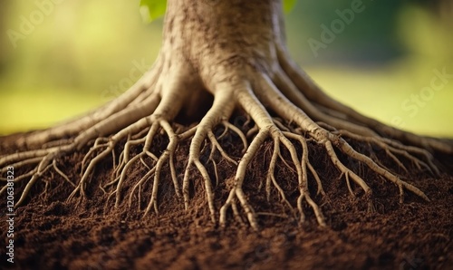 Extreme close-up view of external roots of Ficus pertusa tree in nature, showcasing intricate textures photo