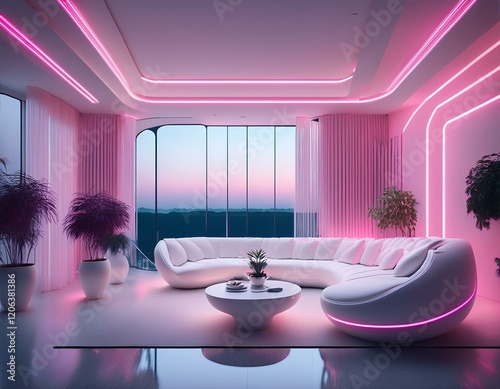 futuristic white living room pink neon lights serene minimalist design peace calm relaxation