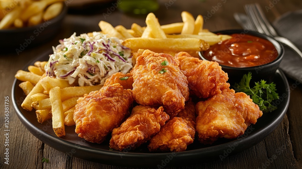 Crispy fries, creamy coleslaw, and rich sauces combine with delicious fried chicken to make a filling and cozy supper. Crispy fries, creamy coleslaw, and rich sauces combine with delicious fried chicken to make a filling and cozy supper.