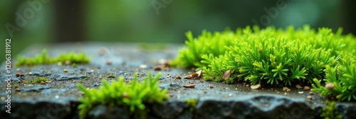 Soft green moss growth on ancient stone surface, texture, moss, weathering