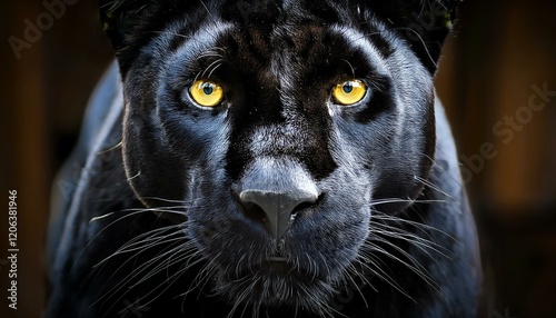 a close up of a black panther s face with yellow eyes photo