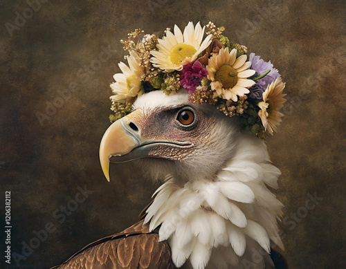 a stately portrait of a vulture with a flower headdress on her head, exuberantly blooming wild flowers an antique look, bohemian style a grunge overlay. a dark brown - generated by ai photo