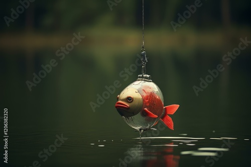 Robotic fish hanging from a fishing line over water, creating a surreal and thought provoking scene