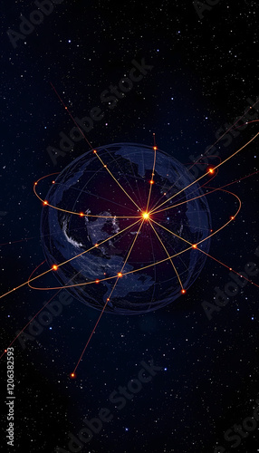Point and line links, digital earth to construct the abstract vector background of the orbit of stars in the universe, angled photoshot, with white tones