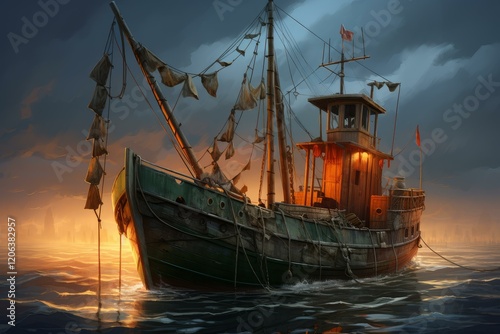 Wallpaper Mural Old and weathered fishing boat sits moored at sea, illuminated by the warm glow of the setting sun as storm clouds gather Torontodigital.ca