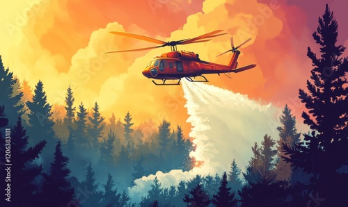 Firefighting Helicopter Spraying Water on a Forest Fire photo