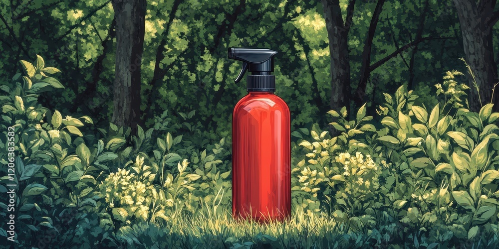 Vibrant Red Spray Bottle Amidst Lush Green Foliage in a Sunlit Forest Setting Highlighting Nature's Contrast and Tranquility Vibrant Red Spray Bottle Amidst Lush Green Foliage in a Sunlit Forest Setting Highlighting Nature's Contrast and Tranquility