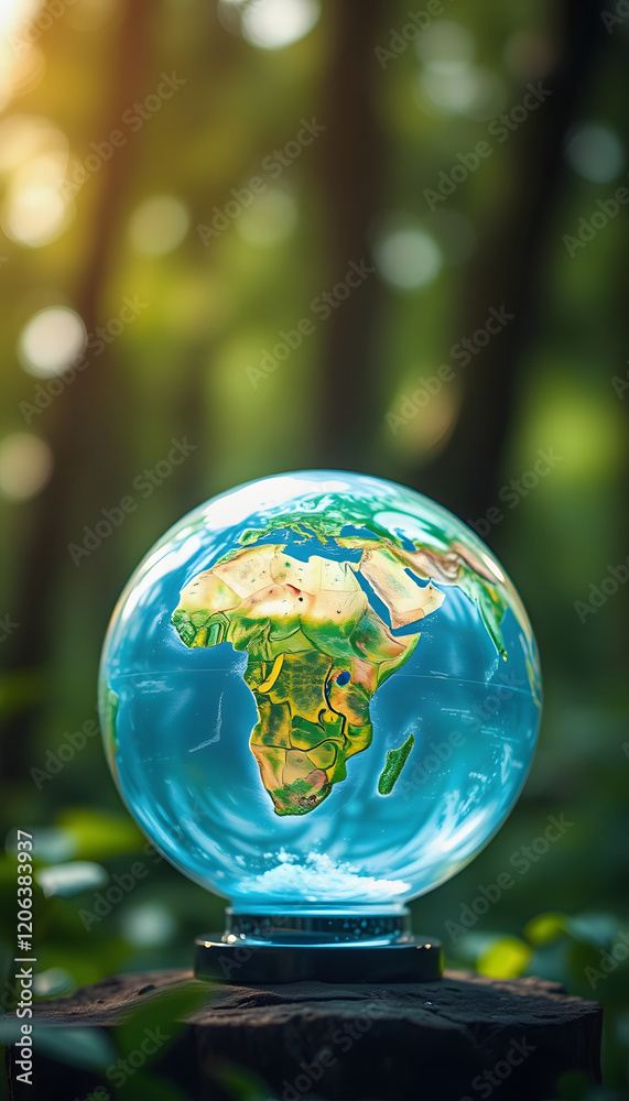 Glass Globe in Lush Green Forest, Environmental Concept Glass Globe in Lush Green Forest, Environmental Concept