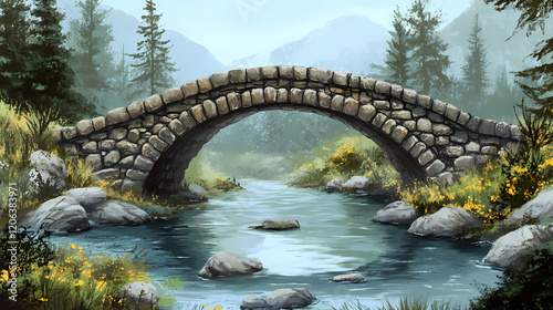 Low-arched stone bridge crossing shallow columbia river, low arched stone bridges, outdoor bridges, natural materials, rustic bridges, columbia river. Rustic Bridge. Illustration photo