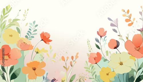 Abstract simple vintage vector art floral background vector in pastel colors, wallpaper with watercolor botanical spring details, leaf framed, flower, vivid foliage, aquarelle frame.