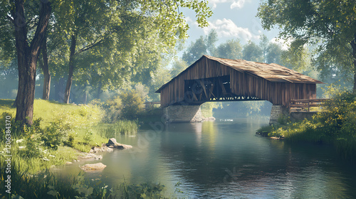 Rustic covered bridge spanning a tranquil river, hyperrealistic photo. Rustic Bridge. Illustration