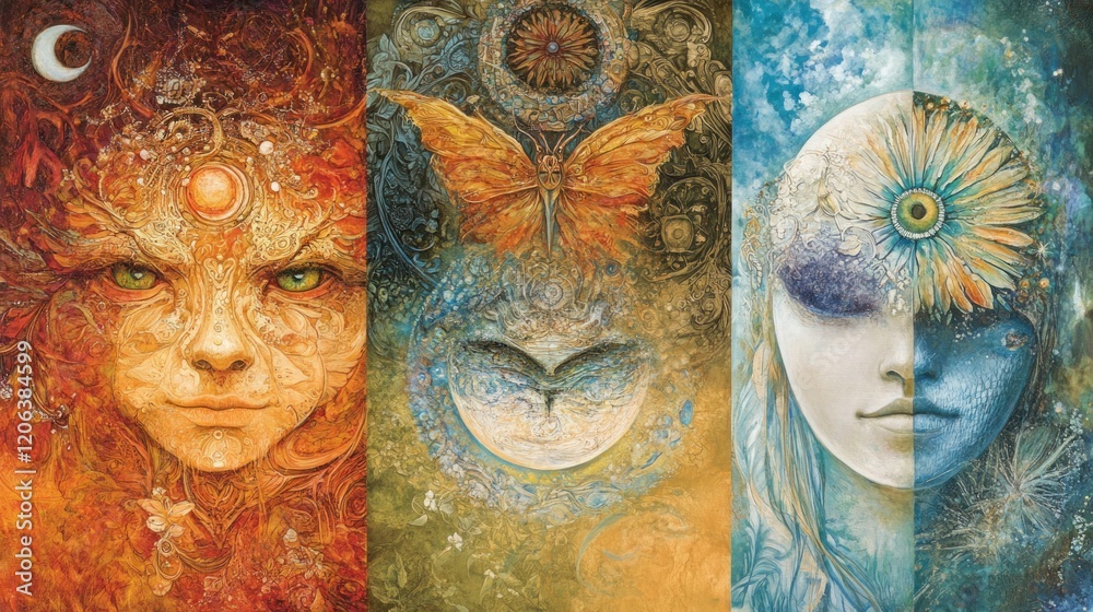 Triptych of Ornate Faces Embellished with Celestial and Floral Motifs Triptych of Ornate Faces Embellished with Celestial and Floral Motifs