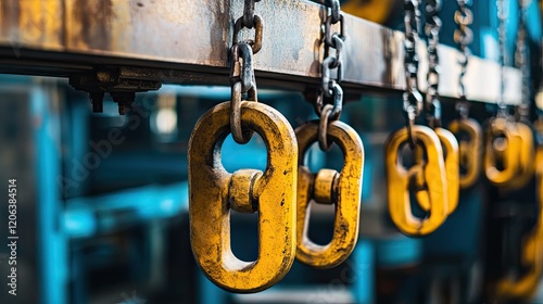 Yellow metal links hang from rusty chains photo