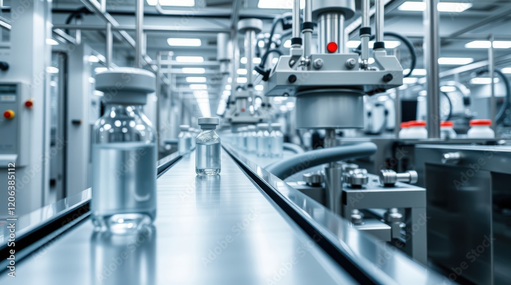 Fototapeta premium Vials moving along a sterile production line in a pharmaceutical manufacturing facility. Clean, modern equipment ensures high quality.
