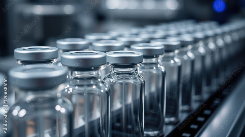 Rows of glass vials move along a production line in a pharmaceutical factory. A sterile and efficient manufacturing process. Rows of glass vials move along a production line in a pharmaceutical factory. A sterile and efficient manufacturing process.