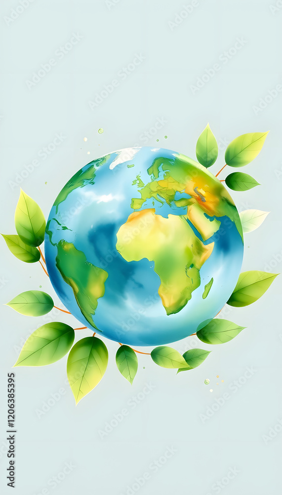 Earth Globe Surrounded by Green Leaves, Ecology Concept Earth Globe Surrounded by Green Leaves, Ecology Concept