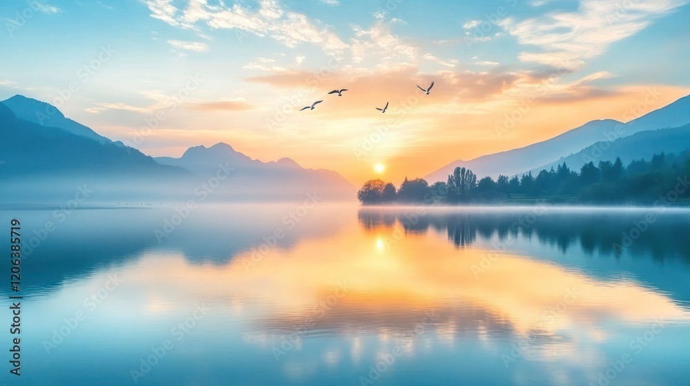 Fototapeta premium Serene Sunrise Over Misty Mountain Lake With Birds