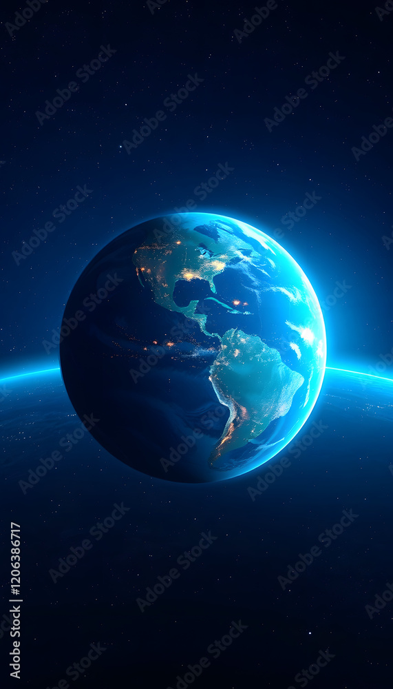 Obraz premium Beautiful amazing blue planet earth with night lights of megacities and cities in open space with stars. Space view of planet earth, silhouette, with white tones