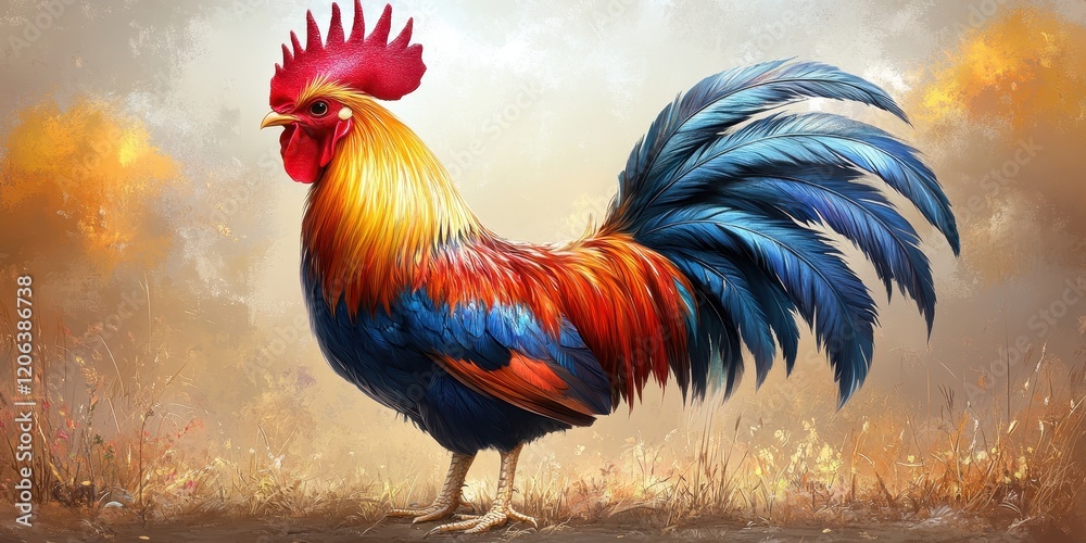 Fototapeta premium Vibrant and Majestic Rooster Standing in a Field with Radiant Plumage and Colorful Feathers Illuminated by a Soft Sunlit Sky