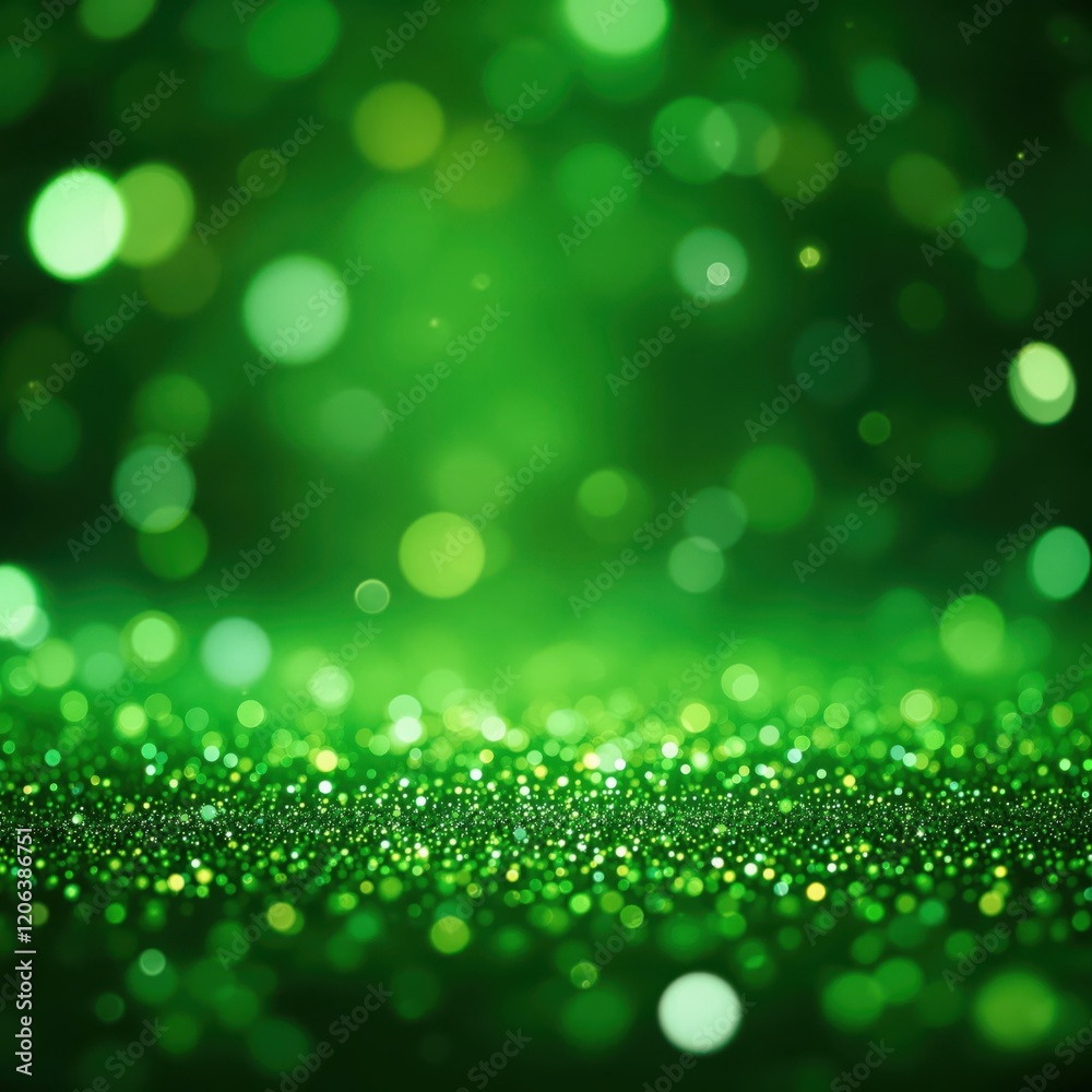 Obraz premium Green abstract glitter sparkles blurred background for St. Patrick's Day with soft lights bokeh